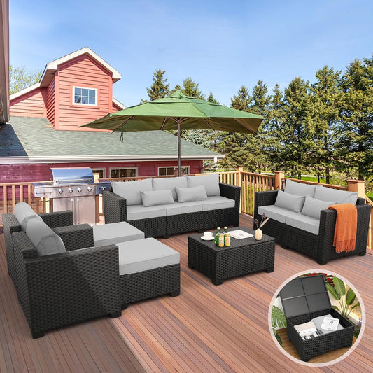 Patio Furniture Sets 7 Pieces Outdoor Furniture Sectional Patio Couches Set Storage Table No-Slip Grey Cushions and Waterproof Covers